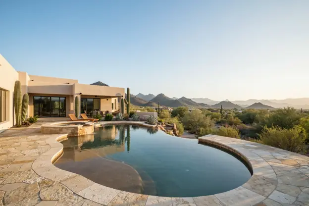 Freeform gunite pool with a raised spa in a desert-modern Arizona backyard at golden hour